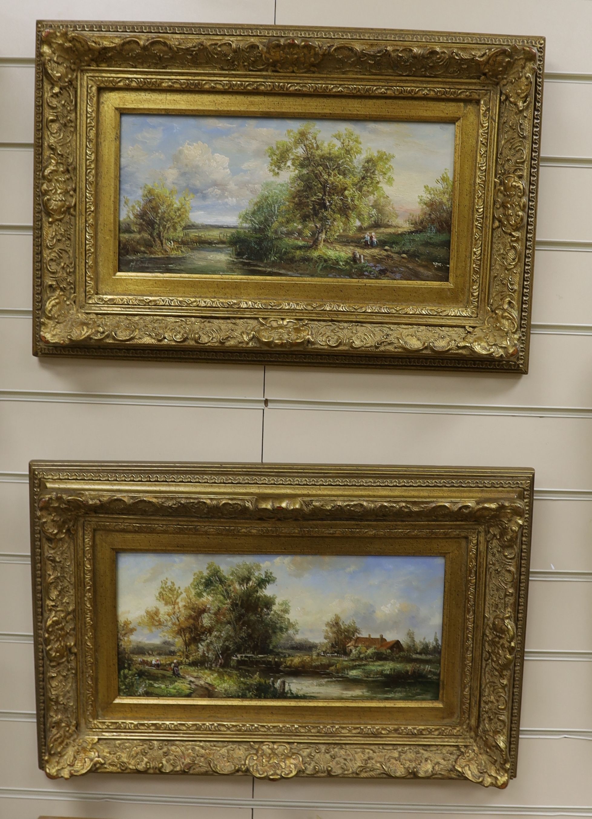 M. Beale, pair of oils on board, River landscapes, signed, 18 x 39cm